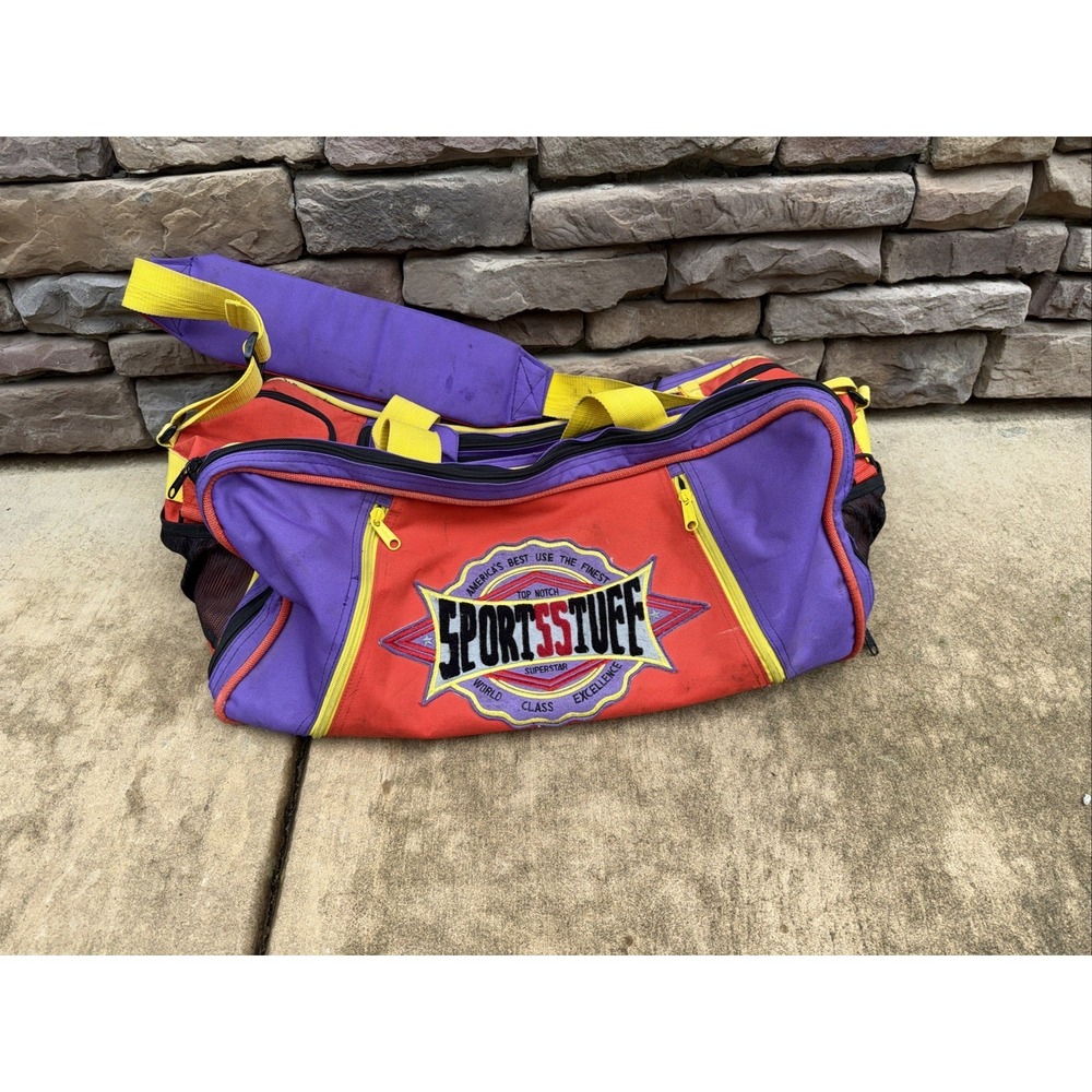 Vtg 90s SportSStuff 24" Duffle Bag Color Block Purple Orange Retro Gym Travel